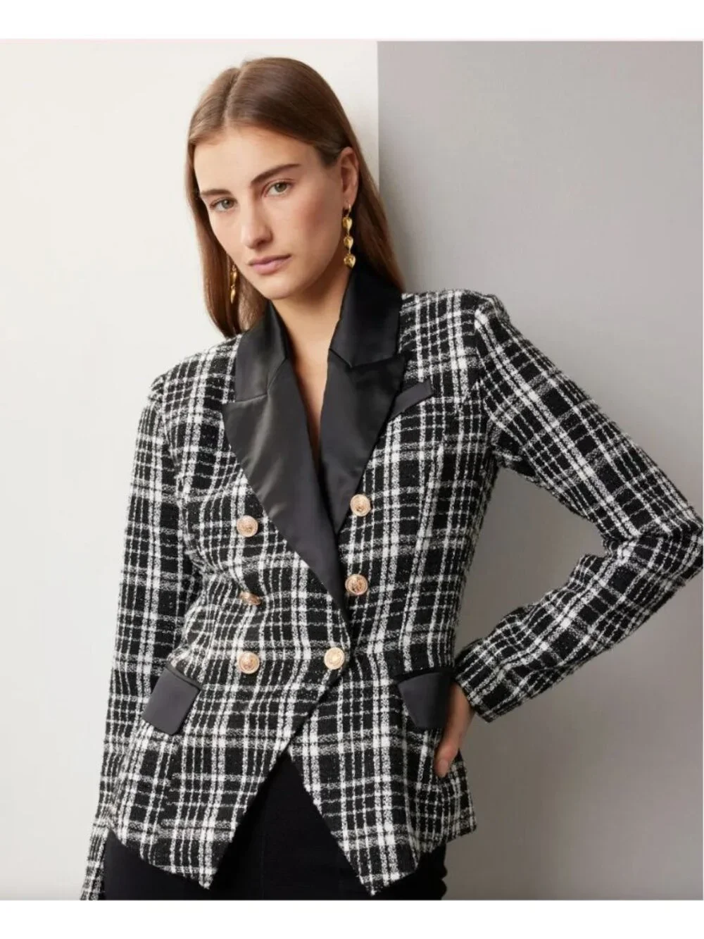 Rachel Parcell Women's Plaid Tweed Double Breasted Satin Lapel Blazer Sz 4 3151 - Picture 2 of 16